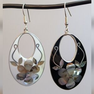 Alpaca Mexico Silver Toned Inlay Earrings, Black & White Floral Shell Inlay